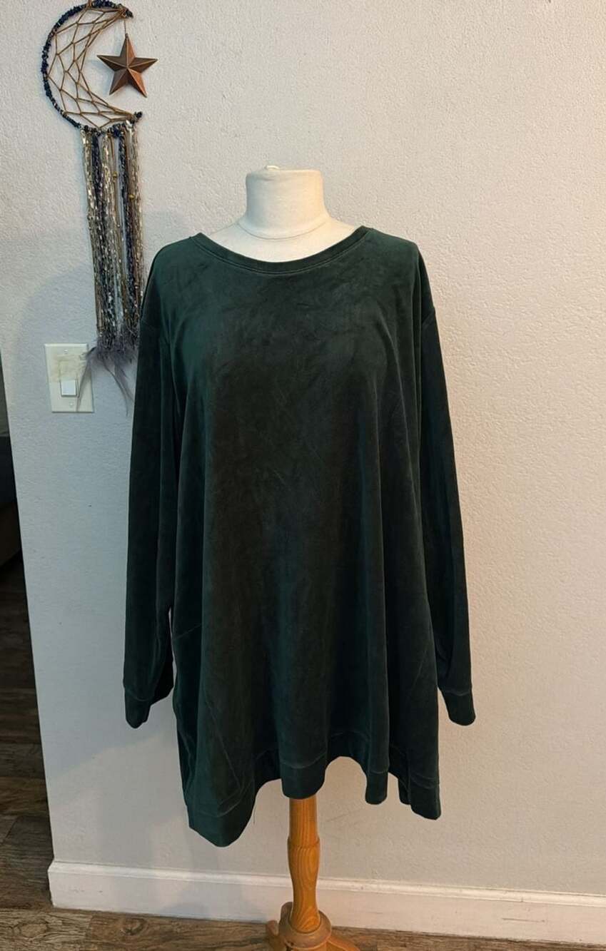Denim & Co. Velour Tunic Size 5XP Green Pullover Pockets